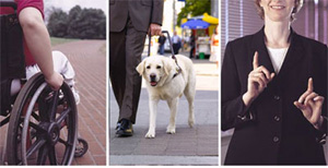 Photos of persons using a wheelchair, a dog guide, and sign language