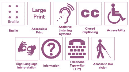 Various logos of accessibility resources such as braille, closed captioning, and sign language