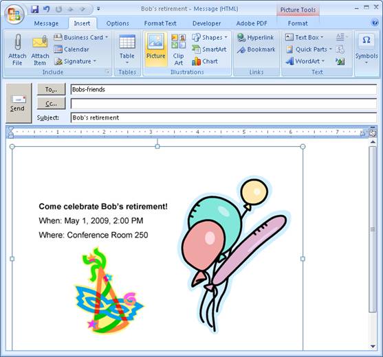 Screen shot of email window. The only element in the email is the graphic image of the invitation to Bob's retirement party.