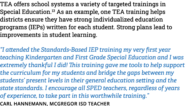 TEA offers school systems a variety of targeted trainings in Special Education. As an example, one TEA training helps...