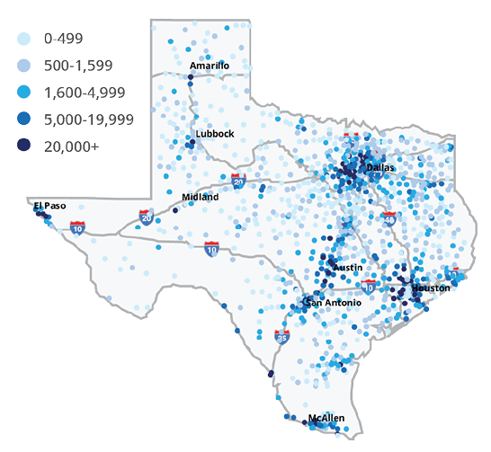 Number of students enrolled in each school system, map showing 0-499, 500-1599, 1600-4999, 5000-19999 and 20000+